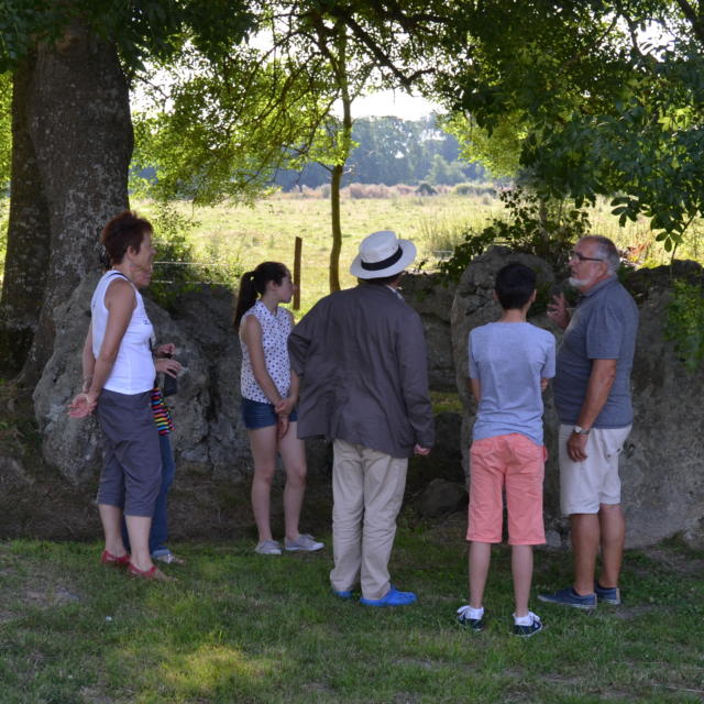 Touristes en visite à la Pierre Cochée à Droué