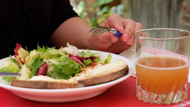 Salade de chèvres chauds et verre de jus de pomme sur nappe à carreaux