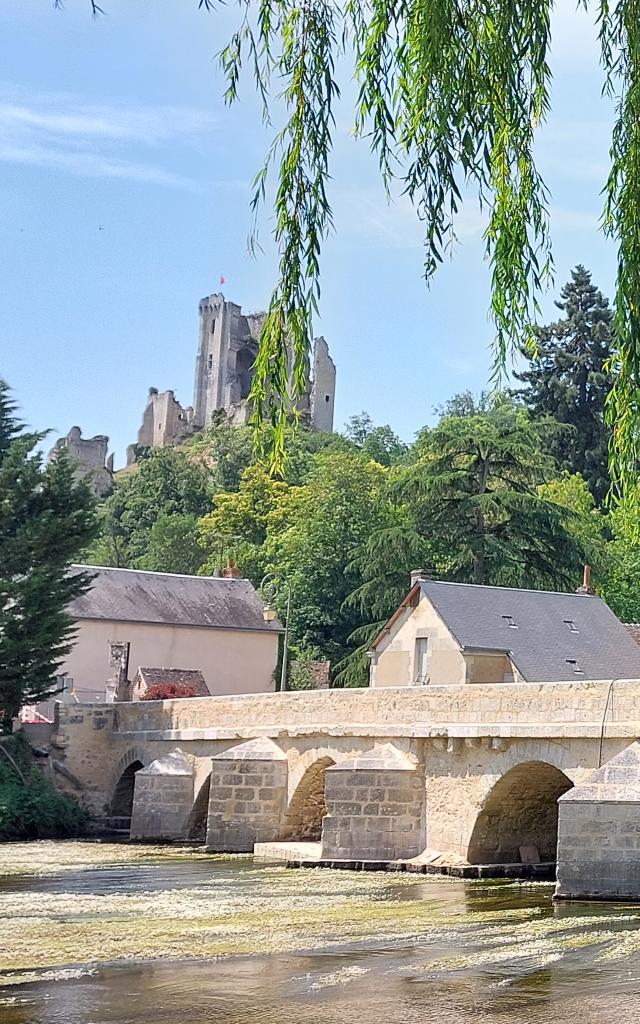 Pont gothique, végétation avec vue sur village, château médiéval