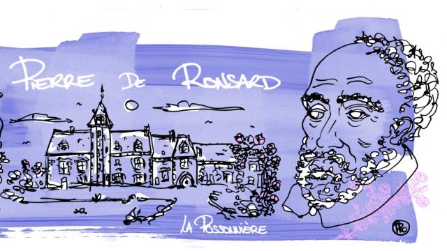 Carte postale maison natale de Pierre de Ronsard réalisé par l'artiste HPO couleurs bleutées