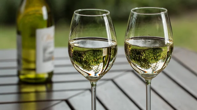 Deux verres de vin blanc et une bouteille sur une table